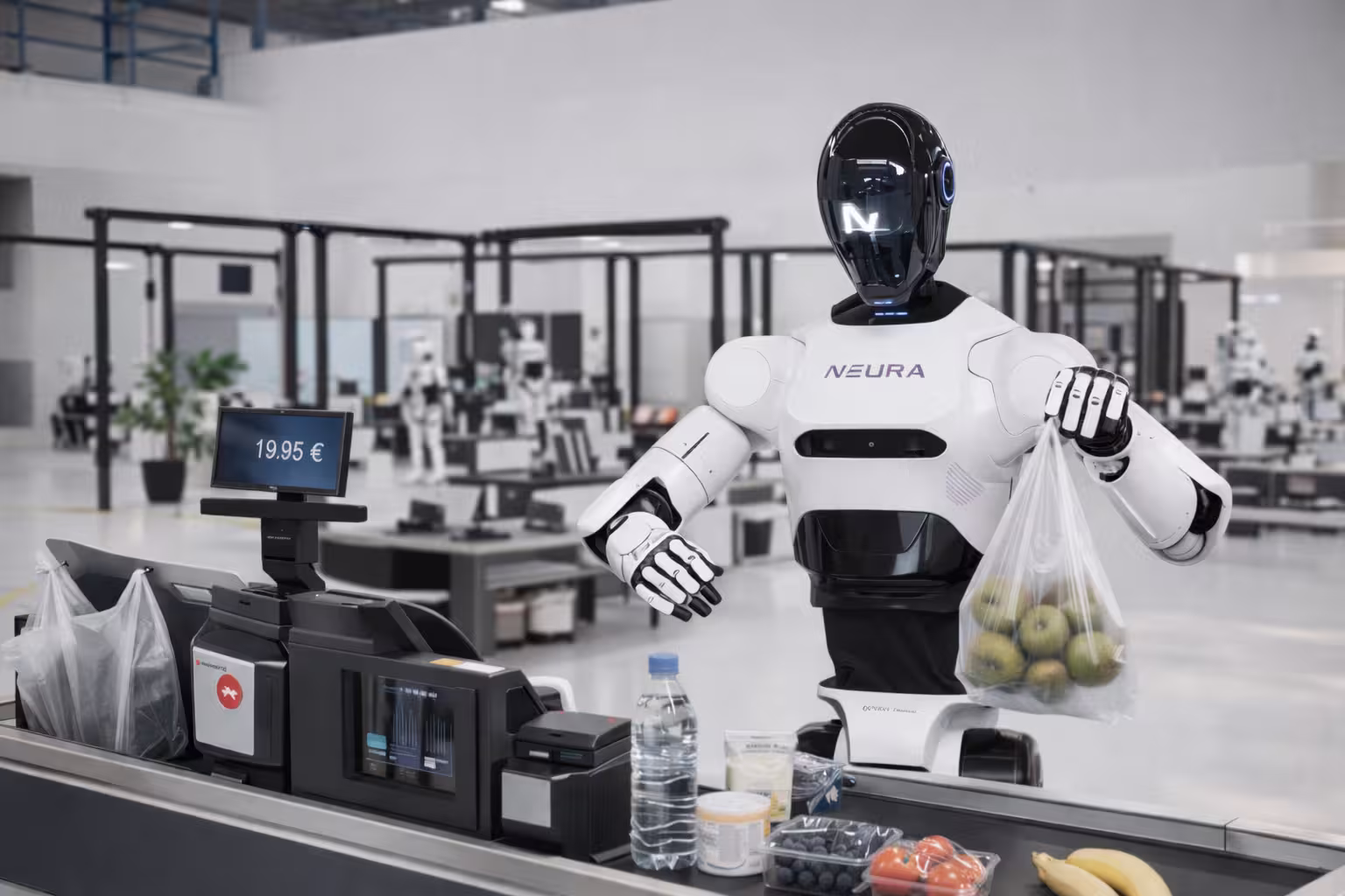 Humanoid robot operating an existing supermarket cashier workstation