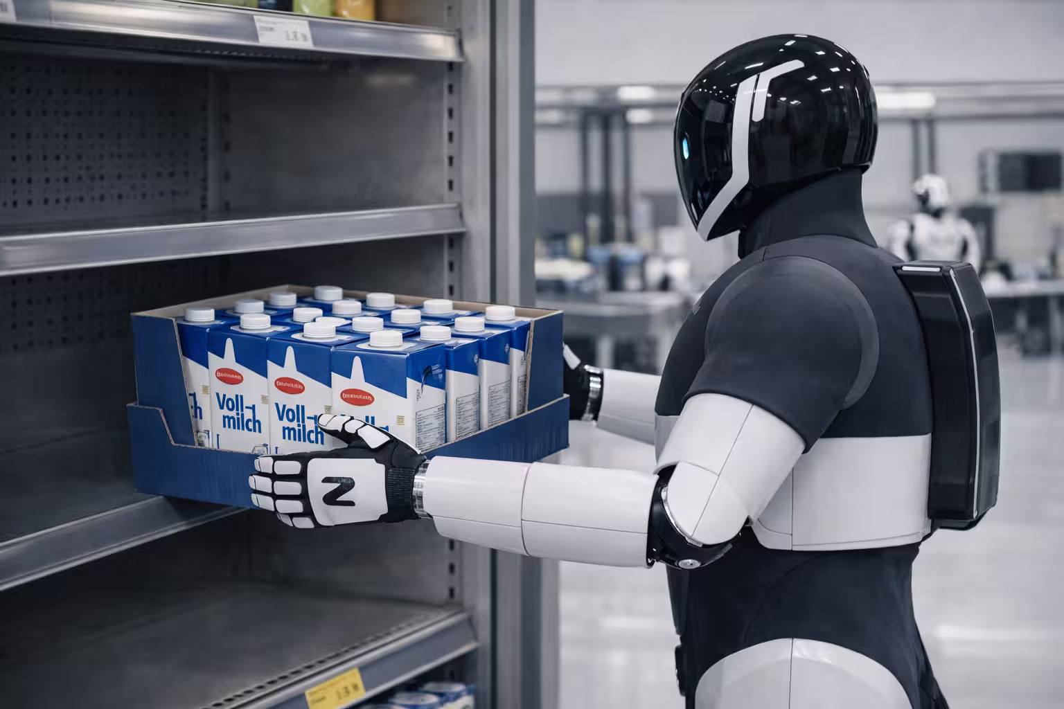 Humanoid robot performing shelf replenishment in retail